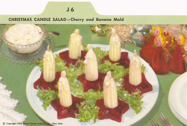 Better print quality could have arguably saved this. 50s cherry and banana mold recipe card