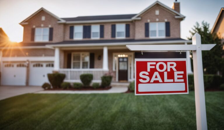 Red 'FOR SALE' real estate yard sign in front of a house