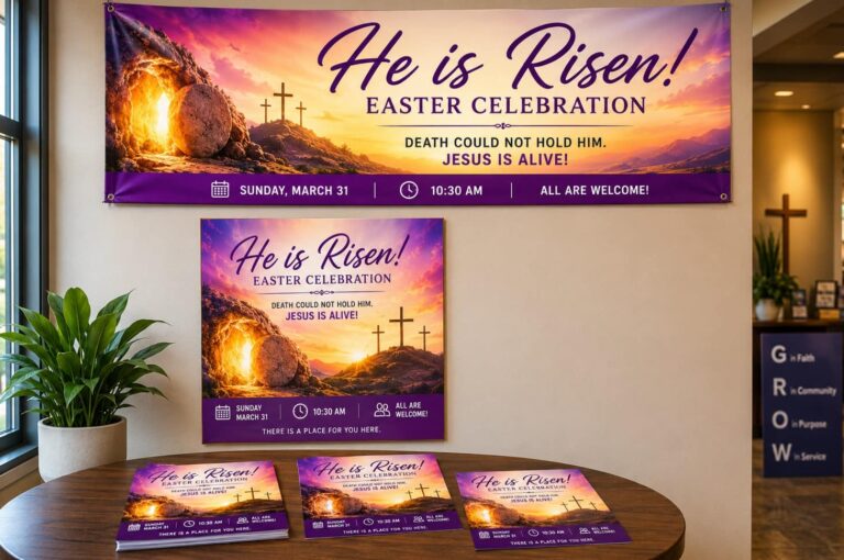 church banner, poster, and flyers