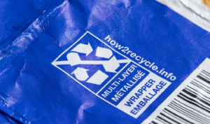 blue pouch with how2recycle sign