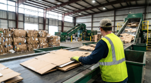 Worker sorting cardboard at facility.