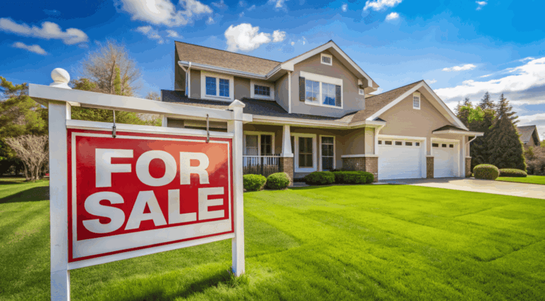 Red 'FOR SALE' real estate yard sign in front of a house
