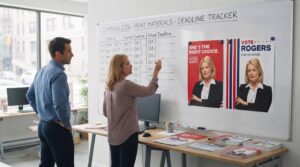 Woman writing on campaign deadline whiteboard