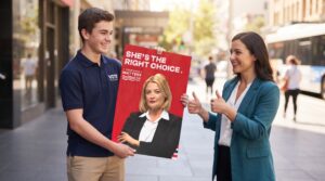 Two supporters holding up political campaign poster