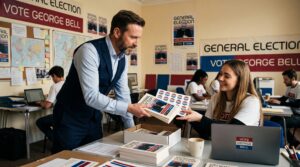 Campaign organizer handing stickers and flyers to volunteer