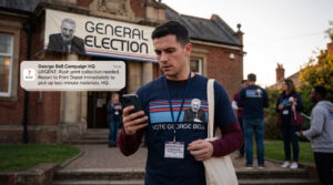 Campaign worker receiving urgent print pickup text notification