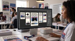 Graphic designer customizing political outreach print templates