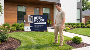 Man admiring placed open house sign