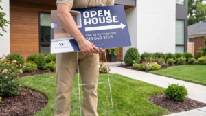 Man holding open house yard sign
