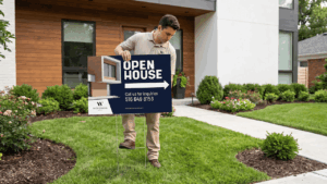 Man pushing yard sign into grass