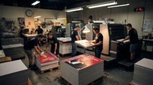 Workers operating printing presses inside print shop