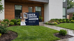 Open house yard sign in rainy yard