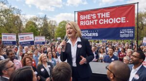 Candidate speaking to crowd outdoors at rally