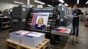 Industrial printing press producing political campaign posters