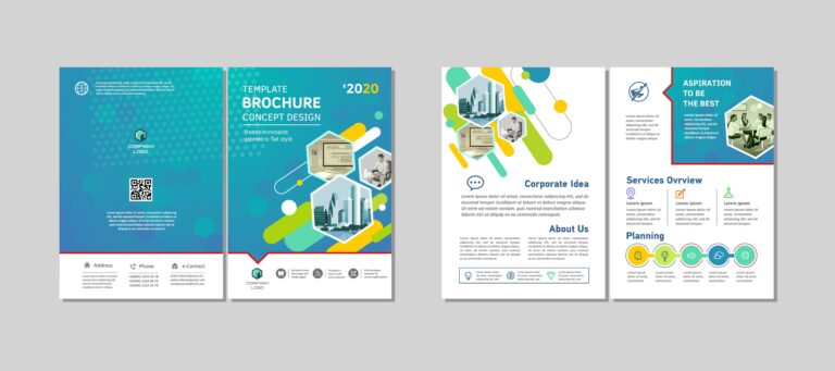 Multi-page business brochure template with modern graphics and icons.