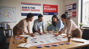 Campaign team reviewing map around conference table