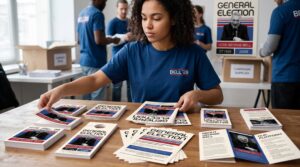Volunteer sorting campaign door hangers and brochures