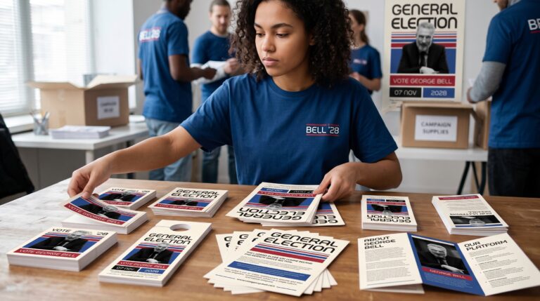 Volunteer sorting campaign door hangers and brochures