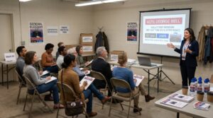 Volunteers attending voter outreach training seminar