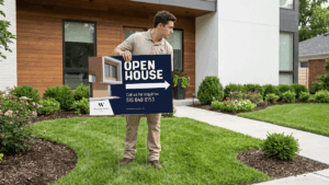 Man positioning open house yard sign