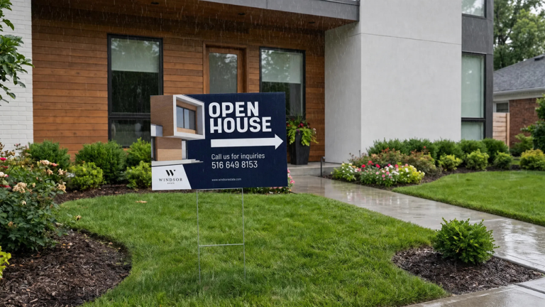 Open house yard sign installed on lawn